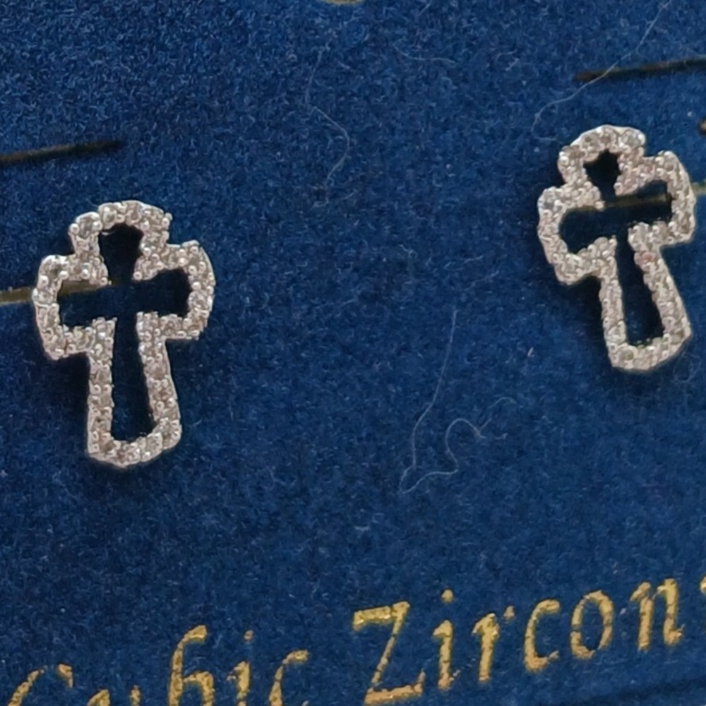 Micro Pave Vintage 1990s Cubic Zirconia Cross Stud Earrings Silver Tone Rare New